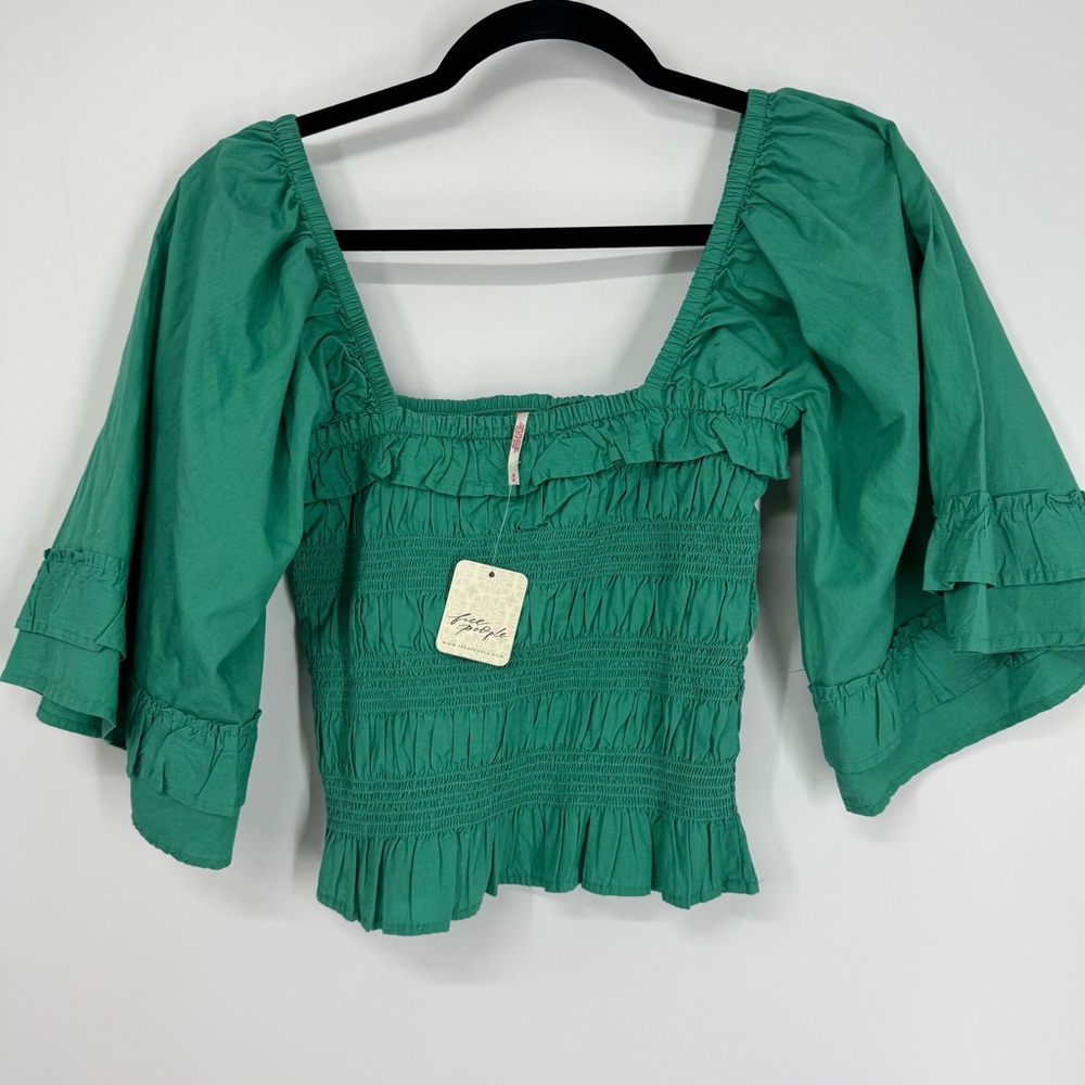 NWT Free People Green Smocked Bell Sleeve Top